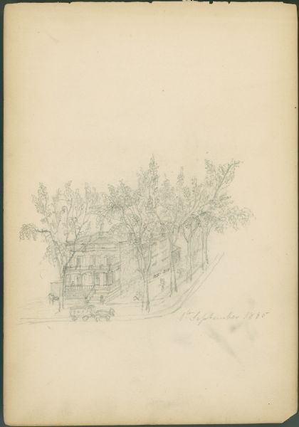 Pencil on paper; Elevated view of building on street corner with horse-drawn delivery wagon in front.  Tall trees line the two streets.  Building is two stories with porches on front end, stairway to street, three windows over two windows and a door.  Figure seated on porch, man seated below porch, to left.  Signed and dated, bottom right corner.