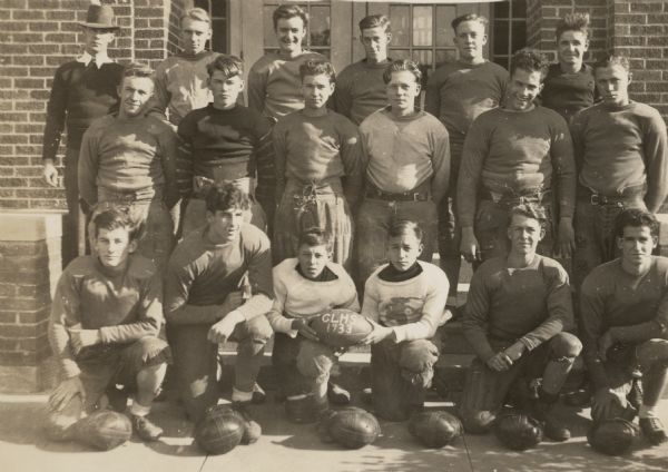 The football team of clear Lake High School. Gaylord Nelson, later governor of Wisconsin and U.S. Senator, is second from the left in the front row.