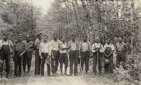 One of the Native American crews hired to assist with the White Pine Blister Rust eradication effort on the Menominee Reservation. Joe Larock was identified as the crew chief.