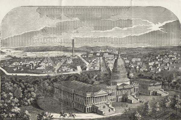 Engraving of the plan for Washington, D.C., drawn by E. Sachse and engraved by M. Hart for the Progress of the Republic. The engraving appears on a letter dated March 28, 1857, from Josiah A. Noonan to "Freddie."