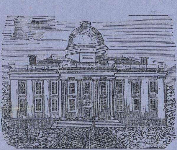 Engraving of the first capitol building built in Madison used as an illustration by the Madison Mutual Insurance Company, a first insurance company, the directors of which included Simeon Mills, B.F. Hopkins, N.B. Eddy, and L.J. Farwell.