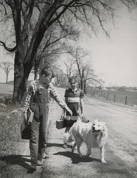 Two students, a boy and a girl, with their dog, apparently walking home from school, an image that seems to capture the essence of life for rural Wisconsin youth at mid-twentieth century.  Although unidentified, the location is probably Waukesha County.