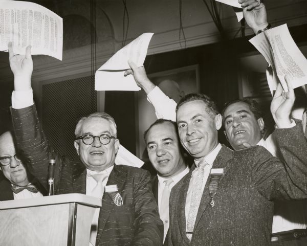 Patrick Gorman, then the secretary treasurer of the international union, with other leaders at the 19th national convention.