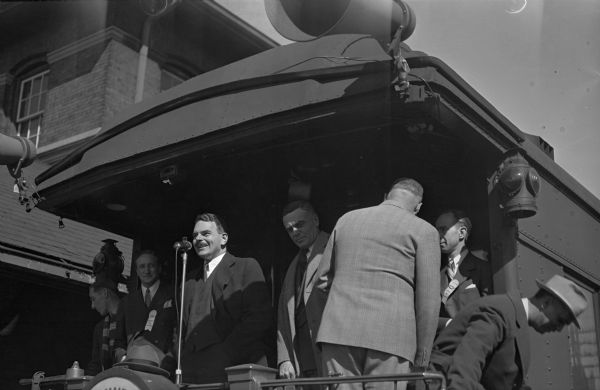 Governor Thomas E. Dewey of New York, the Republican Party presidential candidate aboard the campaign train, making a stop in Baraboo.