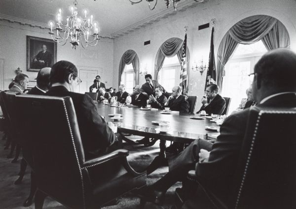 President Richard Nixon meeting with his cabinet in the White House.  Secretary of Defense Melvin Laird, originally from Marshfield, Wisconsin, is to his left at the table.