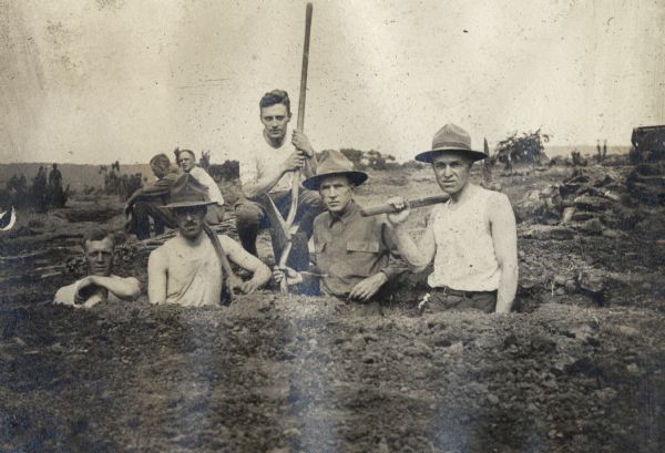 ROTC engineers, probably at Fort Sheridan, in training for trench construction. Victor Morris of Milwaukee, in whose wartime album this photograph appears, is second from the left. Others are Davidson, E.Smith, Ladd and Hartwell.