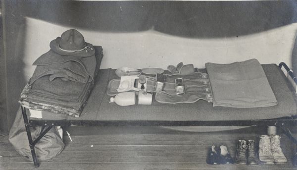 World War I equipment placed for inspection as photographed by Victor Morris at Camp Curtis.