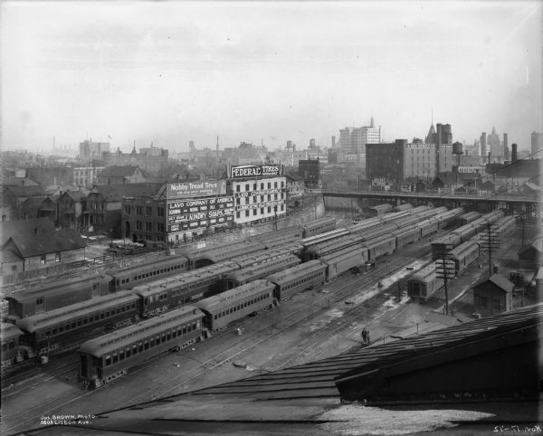 Elevated view of the Menomonee Valley railroad yard looking northeast to 6th Street viaduct. The George Schulz box factory was on N. 5th Street and W. Clybourn Street.