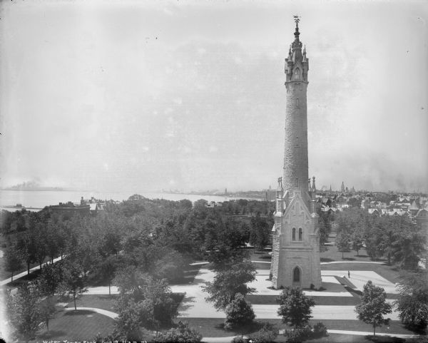 Elevated view of the North Point Water Tower at the foot of E. North Avenue.