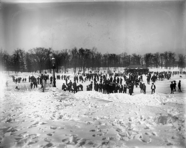 Crowd ice skating in a park, possibly Kosciuszko Park.