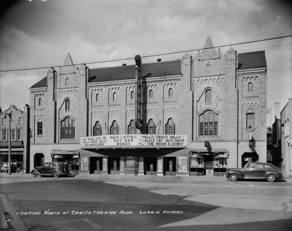 View from across the street of the Zenith Theater. Caption on negative reads: "Looking North at Zenith Theatre Bldg. 2498 W. Hopkins".