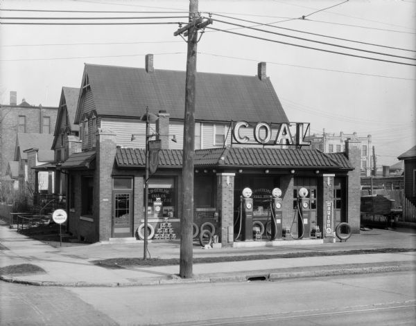 View from across the street of the C.H. Gerling Coal Co. Gasoline Station, located on the southeast corner of S. 2nd and W. Washington Streets.