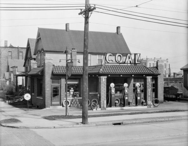 View from across the street of C.H. Gerling Coal Co. gasoline station, located on the southeast corner of S. 2nd and W. Washington Streets.
