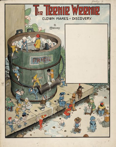 One hot summer day the clown finds an ice cream maker. With teamwork and ingenuity, the Teenie Weenies climb into the bucket and return with pails and pails of pink ice cream.