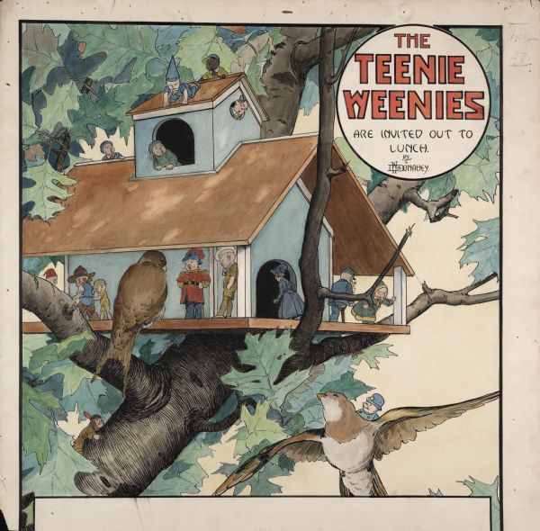 "Out to Lunch." When the Teenie Weenies take vacation, they meet many interesting characters. In this drawing, a group of birds invite them to lunch in their birdhouse. Since the Teenie Weenies cannot climb the tree, the birds offer to fly them to the birdhouse on their backs.