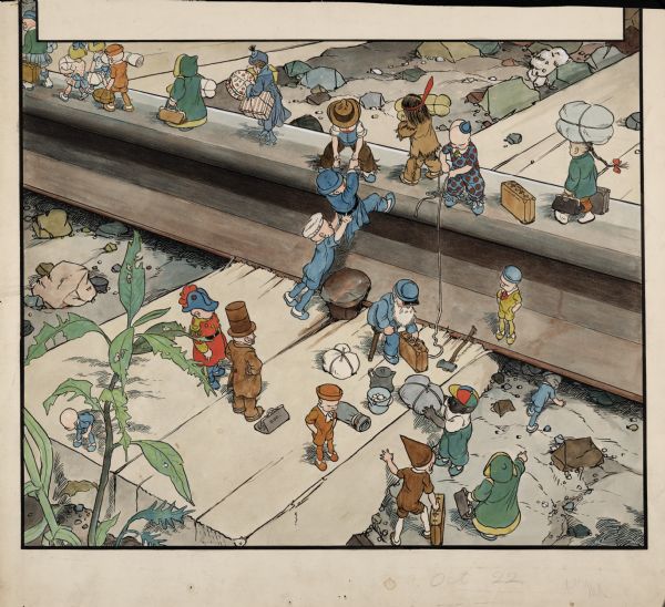 When the Teenie Weenies take a vacation, they get into all kinds of trouble. In this illustration, the Teenie Weenies are stranded far from home after their steamboat stops working. They decide to take the most direct route home: the railroad tracks.