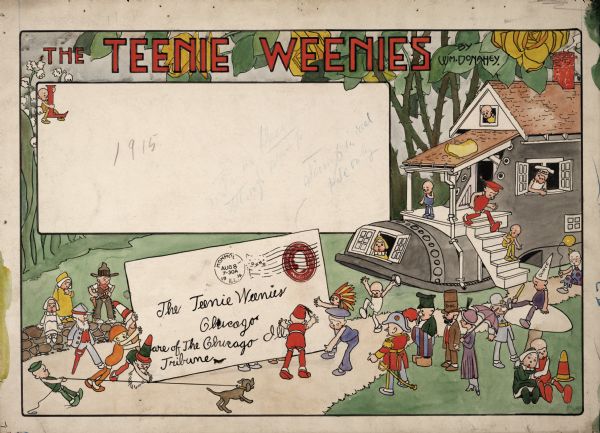 An original ink drawing of William Donahey's "Teenie Weenies". The colorful drawing features several Teenie Weenies. Turk, the Sailor and others pull a piece of fanmail towards the Teenie Weenie house, which is in the shape of a boot.