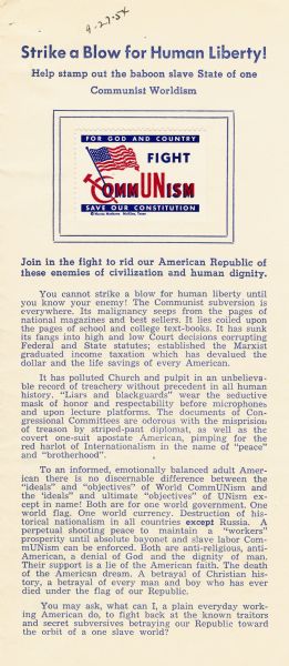 Brochure advertising anti-Communism stamps created and distributed by McAllen, Texas. The handwritten date on the brochure places its publication at the peak of the public support for Senator Joseph R. McCarthy.