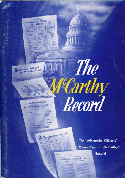 Cover of <i>The McCarthy Record</i> depicting the United States Capitol building and several government documents.