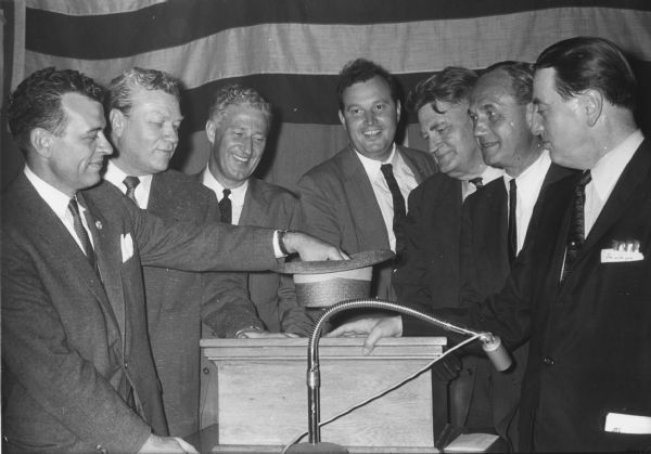 After the death of Joseph R. McCarthy in May, 1957, seven Republicans ran in the special primary election. The most serious candidates were Congressman Glenn Davis on the left, Lt. Governor Warren P. Knowles (third from the left), and state legislator Gerald Lorge next to him. On the right are Congressman Alvin O'Konski, and former Governor Walter Jr. Kohler, Jr. next to him. Kohler won, but was defeated by Democrat William Proxmire in the general election.
