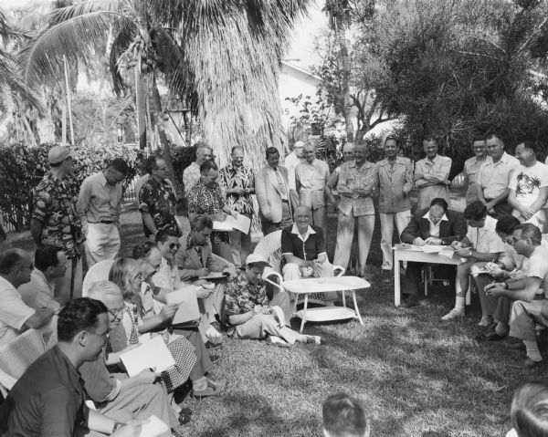 President Harry Truman at a Press Conference in Key West. The President called press conferences infrequently while at the Little White House.  This one lasted only 30 minutes. He read two prepared statements in which he praised the records of his staff and took questions for twenty minutes. Although the frequent attacks from Joseph R. McCarthy contributed to the low rating Truman was then receiving in polls, no questions about the senator appear in the news stories about this press conference.