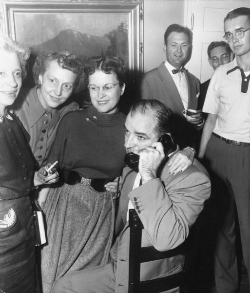 Senator Joseph R. McCarthy of Wisconsin, with supporters in his hometown of Appleton, hearing the news of his landslide victory over his Republican Party challenger.