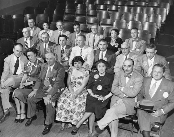 A group of Wisconsin Republicans, probably all supporters of the Presidential candidacy of Robert A. Taft, taken at the state convention in Milwaukee, June 13-14, 1952. Senator Richard M. Nixon, the keynote speaker, praised Senator Joseph R. McCarthy, and the convention went on to endorse McCarthy unanimously. Melvin Laird, who was running for his first term in Congress, is on the far left of the first row; Cy Phillips is on the far right of the same row.