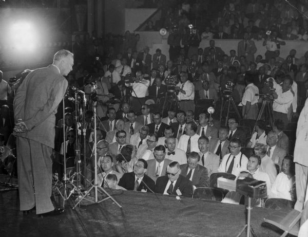 At his first press conference as an announced candidate for the Presidency, Dwight D. Eisenhower meets the press in a theatre.  He took questions from over 300 journalists for forty-five minutes about Korea, civil rights, labor, and other topics.  He said his goal was world peace and removing the "umbrella of fear," which he said was "un-American" and "completely stultifying."  However, in reply to a direct question about whether he intended to endorse the re-election of Joseph R. McCarthy, Eisenhower answered that he did not intend to engage in personalities.