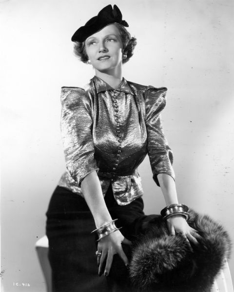 Studio portrait of Irene Castle by Ernest Bachrach and copyrighted by RKO in 1938. This photograph was used to promote the Fred Astare and Ginger Rogers film "The Story of Vernon and Irene Castle."