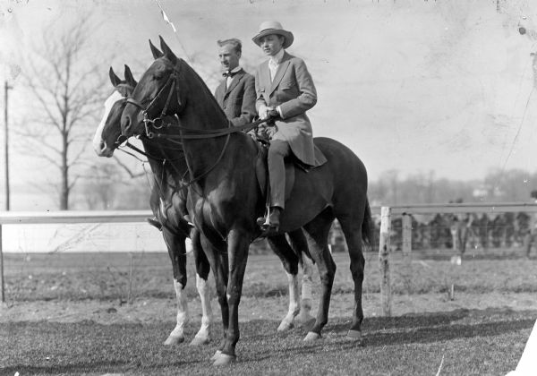The husband-wife dance team Vernon and Irene Castle on horseback on Long Island, a publicity photograph by Haas Photos of New York.