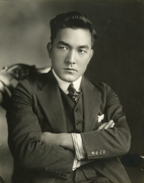 Sessue Hayakawa in a studio portrait.
The original caption reads:
"Sessue Hayakawa. Star in Special productions. Produced by Haworth Picture Corporation. Distributed by Mutual Film Corporation."
