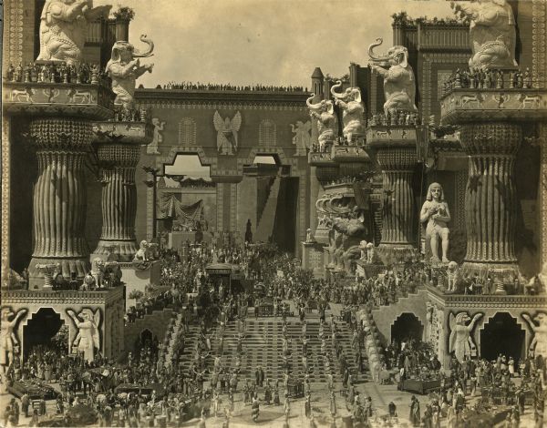 Belshazzar's feast in the central courtyard of Babylon from D.W. Griffith's silent film "Intolerance" (Wark 1916).