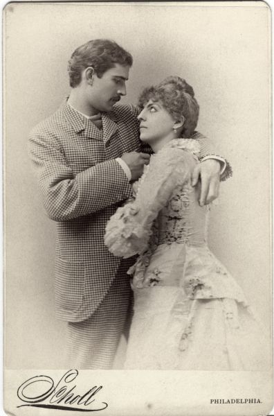 Cabinet card photograph by Scholl of Philadelphia of the actors Maurice Barrymore and Georgie Drew who married in December 1879. Successful actors, their children Lionel, Ethel, and John also became stars on the stage and in motion pictures. One great-grandchild, Drew Barrymore, continues in the family business.