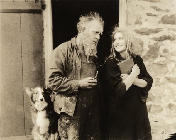A scene still of Valda Valkyrien playing a young girl, possibly in the 1916 Thanhouser production of <i>Silas Marner.</i> If that is correct, the older actor is Frederick Warde who played the title role.