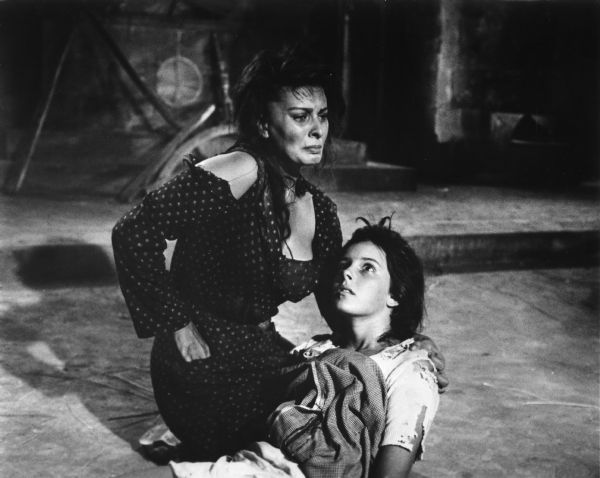 Cesira and her daughter Rosetta (played by Sophia Loren and Eleonora Brown) have just been raped in this scene still from Vittorio De Sica's <i>La ciociara (Two Women,</i> 1960).