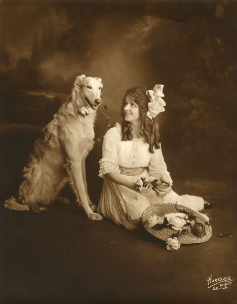 Hartsook studio portrait of silent film star Olive Thomas sitting next to a white Russian wolfhound (Borzoi)named Czar.