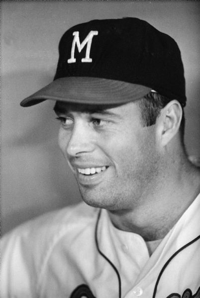 Portrait of Milwaukee Braves third baseman Eddie Mathews.  The Baseball Hall of Fame inductee batted .251 in 1965 with 32 home runs and 95 RBI.