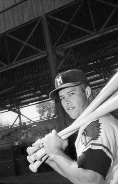 Milwaukee Braves third baseman Eddie Mathews, taken at spring training.  The Braves' Indian head patch, seen here on Mathews' sleeve, was replaced by the "laughing Indian" patch for the 1957 regular season.
