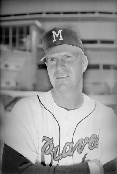 Head shot of Milwaukee Braves catcher, Del Crandall. This image was taken during Crandall's final year playing for the Braves. One of the best defensive catchers in baseball and an eight-time All-Star, Crandall was a mainstay of the Braves for two years in Boston and 11 seasons in Milwaukee (1953-1963).