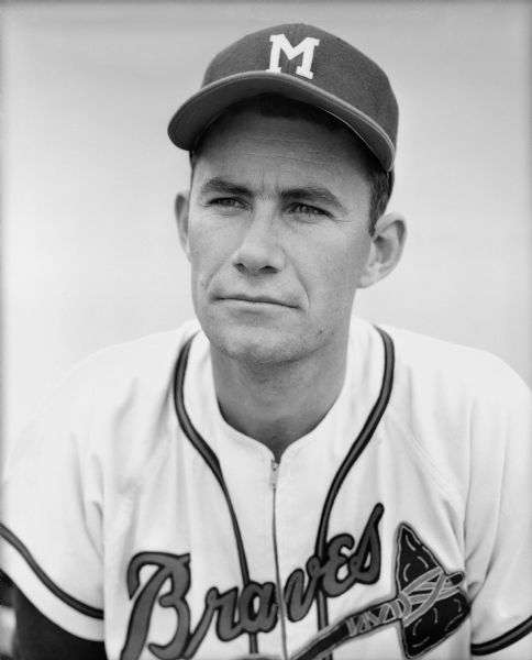 Head and shoulders portrait of Milwaukee Braves first baseman Joe Adcock.