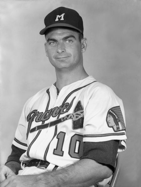 Portrait of Milwaukee Braves pitcher Bob Buhl. The least heralded of the Braves' Big Three pitchers, right-hander Buhl was indispensable to the team's 1957 pennant victory.  Despite missing three weeks with arm trouble, his 18 wins were second on the club and third in the National League.  He was second in the NL in winning percentage, 4th in ERA, 5th in complete games, and 7th in strikeouts.