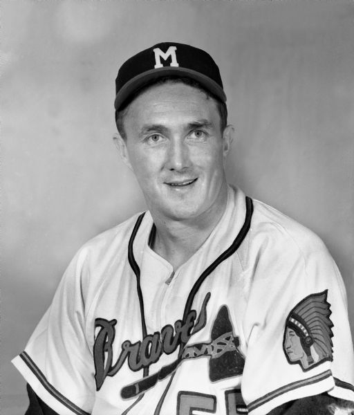 Head and shoulders portrait of Milwaukee Braves relief pitcher Don McMahon.  A rookie in 1957, McMahon made his first appearance for the Braves on June 30, striking out seven Pirates in four scoreless innings of relief.  He immediately became the team's closer.  McMahon led the Braves in saves in 1957, with an outstanding 1.54 ERA and performed impressively in the Braves' three 1957 World Series losses.