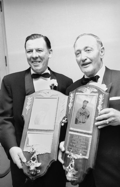Milwaukee Braves General Manager John Quinn (left) and manager Fred Haney (right) accept awards at the 5th Annual Diamond Dinner, hosted by the Milwaukee Chapter of the Baseball Writers Association of America, January 30, 1958 at the Elk's Clubhouse in Milwaukee. The baseball writers honored the two for their "Special Contribution to Baseball in Milwaukee."