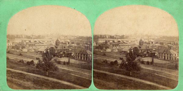 One of "Three different views of the World's Fair at Philadelphia" mentioned in Dahl's 1877 "Catalogue of Stereoscopic Views." On the stereograph itself is the caption "Bird's Eye View of the Centennial Exposition."