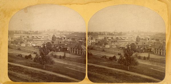 One of "Three different views of the World's Fair at Philadelphia" mentioned in Dahl's 1877 "Catalogue of Stereoscopic Views." On the stereograph itself is the caption "Bird's Eye View of the Centennial Exposition."