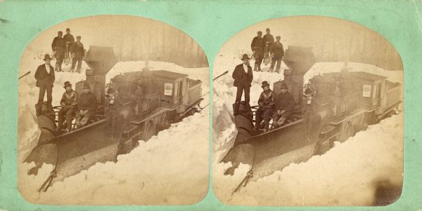 Winter scene of the Grand and Majestic Snowbanks on the Madison and Portage Railroad, listed as one of four views of "15 to 30 ft. high snow-banks" in Dahl's 1877 "Catalogue of Stereoscopic Views.