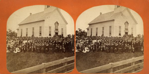 The congregation of the East Blue Mounds Lutheran Church and visiting ministers are gathered for the church dedication. The church was formerly Norsk Evangelisk Kirke, built in 1868.
