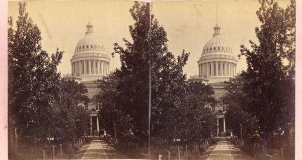A view of the tree-lined walkway leading up to the entrance of the Capitol building.