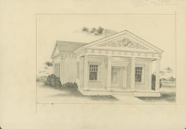 Pencil drawing of the building with a decorative frieze in a pediment above the columned entrance.