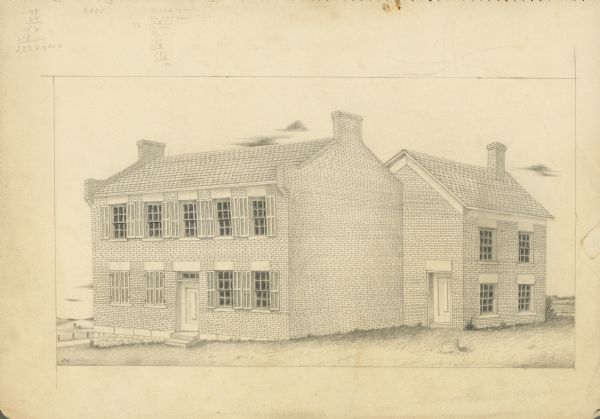 Pencil drawing of an unidentified brick building with a doorway and six over six windows on two stories. Another, smaller building behind it on the right may be attached. It has a doorway on one side, and six over six windows on two stories on the other side.